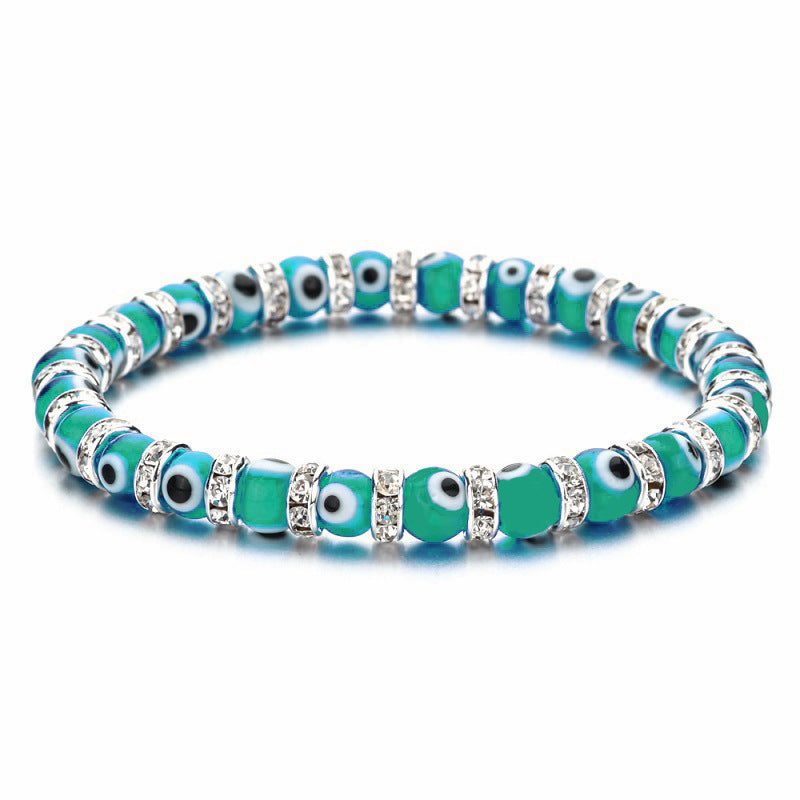 Wholesale 6mm Glass Bead Alloy Diamond Devil Eye Bead Elastic Bracelet